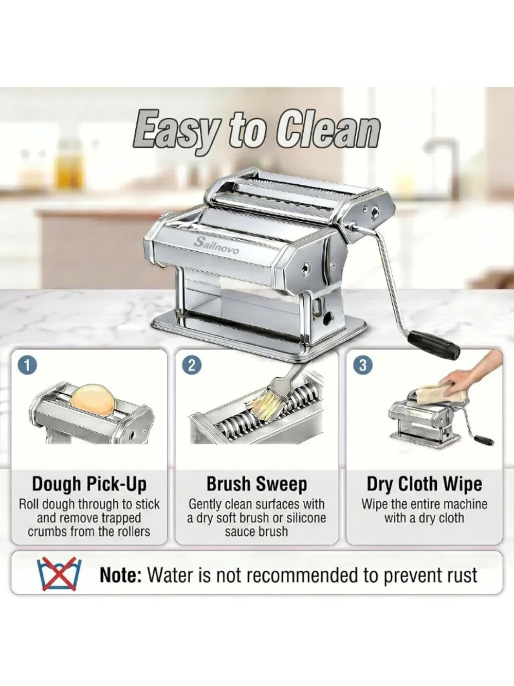 3-in-1 Pasta Maker with 9 Thickness Settings, Stainless Steel, Easy Clean, for